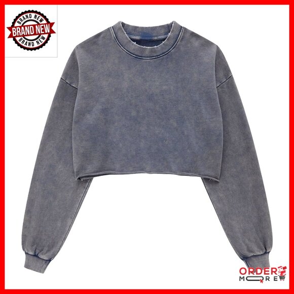 Tops - Vintage Cropped Pullover Sweatshirt Long Sleeve Acid Wash Hoodie